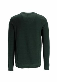 Dunkelgrüner Pullover mit langen Ärmeln und strukturiertem Gewebe. Verfügt über einen runden Halsausschnitt und gerippte Manschetten, hat eine gerade Passform und keine sichtbaren Logos.