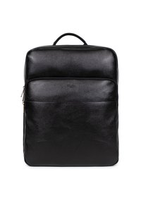 Zaino in pelle nera con una superficie liscia, forma rettangolare, maniglia superiore e tasca frontale con zip per ulteriore spazio di stivaggio.
