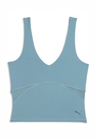 Ανοιχτό μπλε αθλητικό σουτιέν με φαρδιές τιράντες στους ώμους, βαθύ V ντεκολτέ, πλαινά πάνελ από δίχτυ και μικρό λογότυπο Puma στο κάτω δεξιό μέρος.