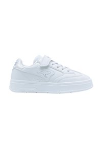 Weiße Ledersneaker mit glatter Textur, Schnürdesign und Klettverschluss. Verfügt über ein geprägtes Logo und gestanzte Akzente an den Seiten.