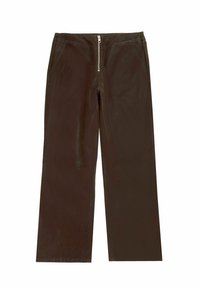 Bruine, wijde broek van een gladde stof; heeft zijzakken en een ritssluiting. Geen zichtbare patronen of accenten.