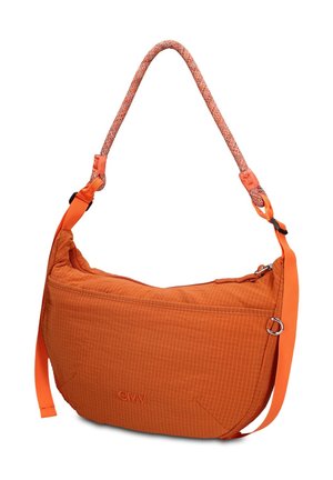 Oranje crossbodytas met een stoftextuur, patroon korte handgreep, verstelbare lange band en ritssluiting.