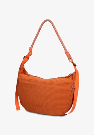 Oranje crossbodytas met een stoftextuur, patroon korte handgreep, verstelbare lange band en ritssluiting.