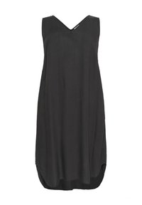 Robe sans manches noire avec décolleté en V, en tissu léger. Présente une légère forme en A et un ourlet asymétrique. Texture lisse.