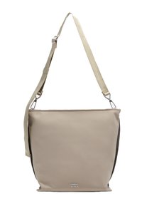 Beżowa torba na ramię o teksturowanej powierzchni, z regulowanym paskiem i akcentem z logo. Posiada prosty, prostokątny kształt z kontrastowymi bokami.