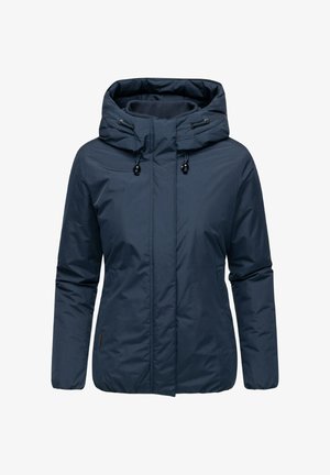 Veste à capuche bleu marine avec une texture lisse et mate. Dotée de cordons de serrage au niveau du cou et d'une fermeture éclair. Design léger avec une coupe ajustée.