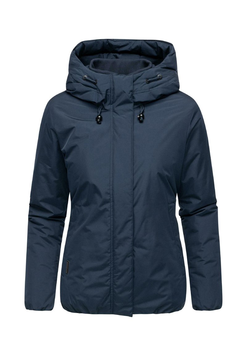 Navy blue, hooded jacket with a smooth, matte texture. Features drawstrings at the neck and a zippered closure. Lightweight design with a tailored fit.