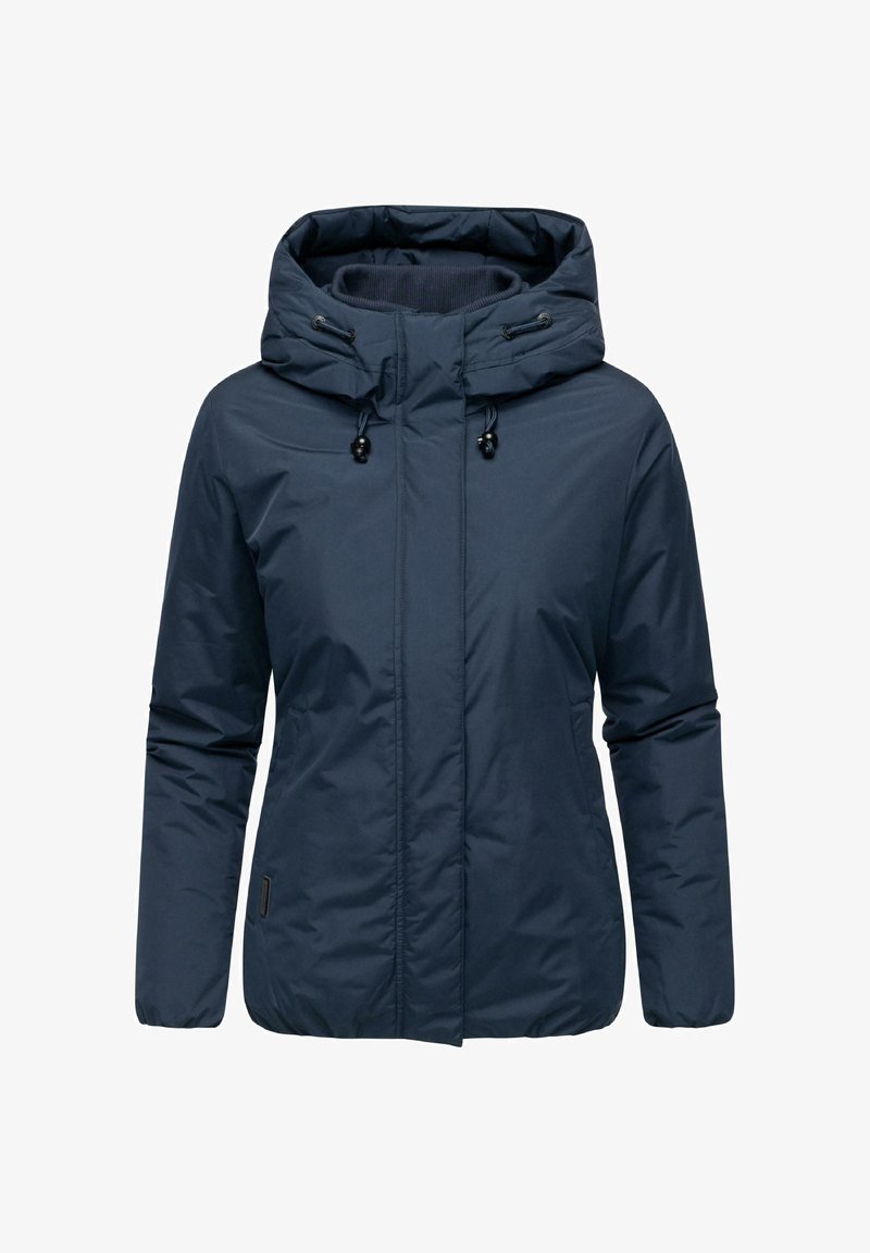 Navy blue, hooded jacket with a smooth, matte texture. Features drawstrings at the neck and a zippered closure. Lightweight design with a tailored fit.