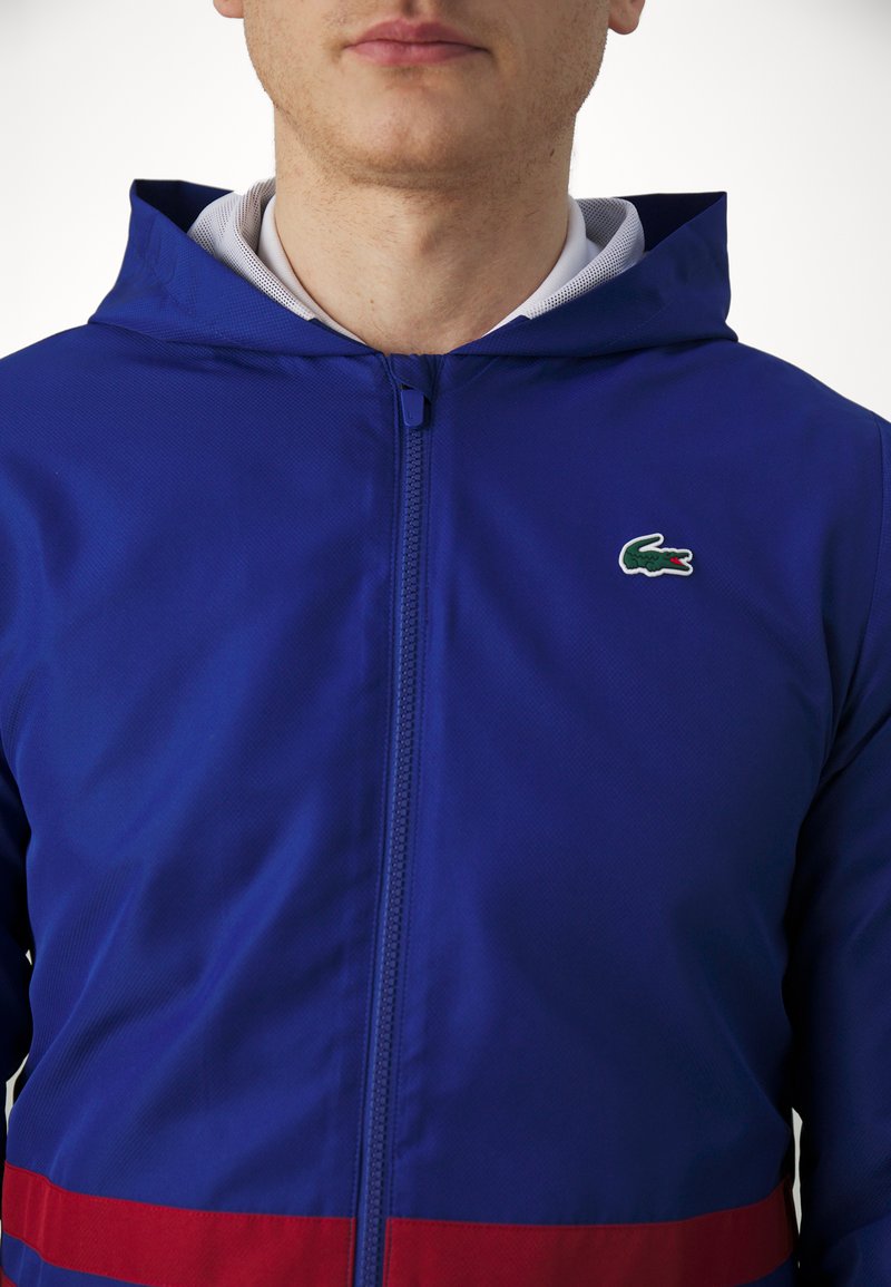 Felpa blu con zip e una striscia orizzontale rossa, con un piccolo logo coccodrillo verde Lacoste sul petto. Il tessuto sembra liscio e leggero.