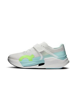 Weißer und hellblauer Sportschuh mit grünem Logo, Schnürung vorne und einem einzelnen Klettverschluss auf einfachem weißem Hintergrund.