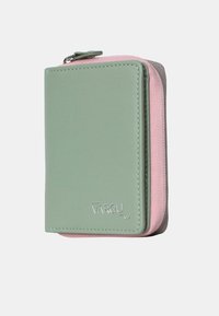 Green synthetic leather wallet with a pink zipper and grey accents, featuring a compact design and embossed brand logo on the front.