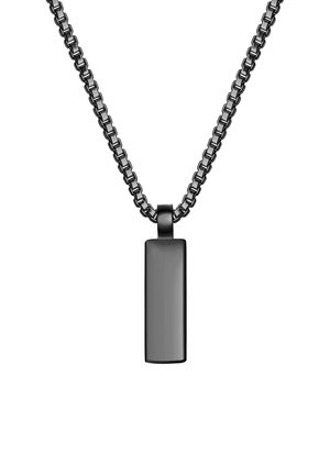 Collier en métal noir avec un pendentif rectangulaire, texture lisse et un design de chaîne maillée.