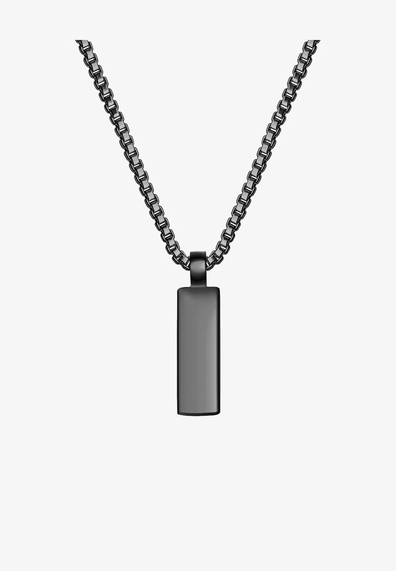 Must musta kaelakee, millel on ristküliku kujuline ripats, sile tekstuur ja lingitud aheladisain.