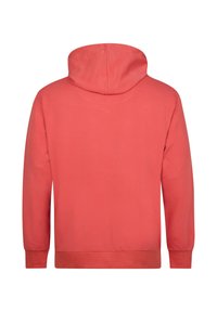 Felpa corallo con cappuccio regolabile, maniche lunghe e polsini a coste. Texture liscia e colore uniforme senza motivi o grafiche visibili.