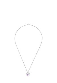 Collana in argento con un pendente a forma di cuore e una preziosa pietra di colore viola. La catena presenta una texture intrecciata e un gancio sicuro.