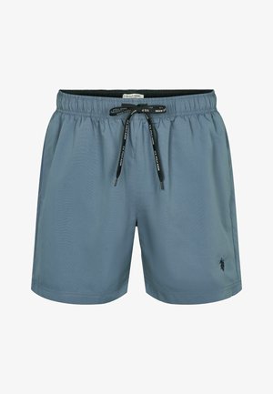 Men's swim shorts, light blue, elastic waistband with black drawstring, smooth texture, features small logo on left side.