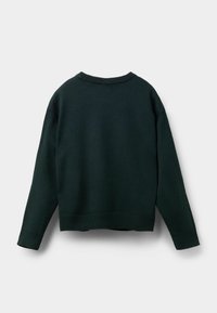 Dunkelgrüner gestrickter Pullover mit Rundhalsausschnitt und gerippten Bündchen, der eine lockere Passform und ein minimales Design ohne sichtbare Logos aufweist.