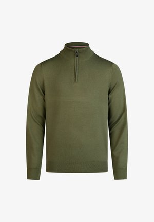 Olive rohelise värvi tõmblukuga kaelusega pulloveri särk, pikka varrukatega ja ribaga krae ja hemiga, valmistatud pehmest kudumisest.