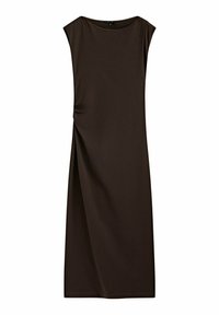 Ruskea, polvipituinen mekko, jossa on pyöreä pääntie ja hihaton muotoilu. Sisältää sivulle draperoidun yksityiskohdan lisätekstuuriin. Sujuva kangas.