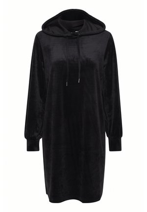 Zwarte velours hoodie jurk met lange mouwen, een trekkoord capuchon en een losse pasvorm. Gladde textuur met elastische manchetten en een rechte zoom.