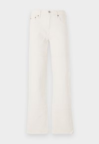 White flared jeans made from denim, featuring a high waist, five pockets, and double-stitched seams, with copper-tone hardware accents.
