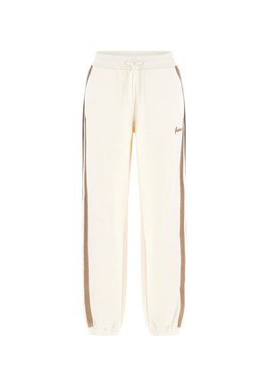 Pantaloni della tuta color crema con vita elastica, cordino e strisce laterali marroni. Presentano polsini a coste e logo ricamato sulla parte anteriore.