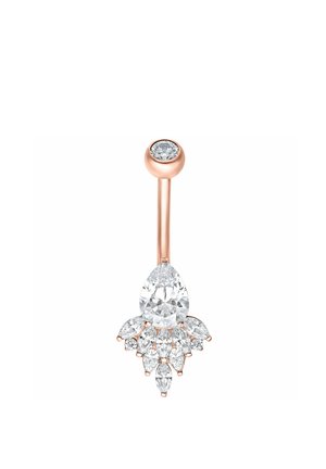 Bauchnabelring aus Roségold mit einem tropfenförmigen, klaren Zentraledelstein und kleineren, darunter angeordneten, marquisen- und rundförmigen klaren Edelsteinen.