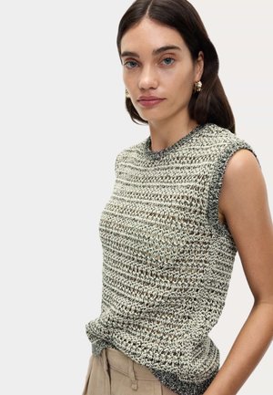 Strickärmelloser Pullover mit einem strukturierten Muster in hellem Creme mit dunklen Akzenten. Rundhalsausschnitt. Weiches Material, halbtransparente Optik.