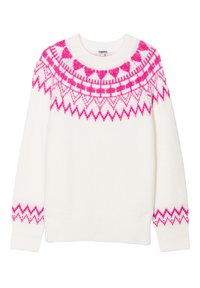 Witte gebreide trui met een ronde hals. Bevat een roze geometrisch patroon rond de halslijn en de zoom. Zachte textuur, lange mouwen.
