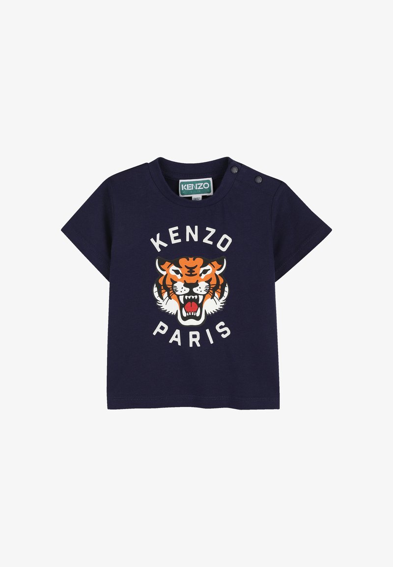 Granatowy t-shirt z krótkim rękawem z grafiką tygrysa w pomarańczowych i białych akcentach oraz napisem "KENZO PARIS" pod nadrukiem. Guzik zatrzaskowy.