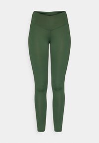 Zelené legíny s hladkým povrchem, vysokým páskem a přiléhavým střihem, s jednobarevným vzorem a bezešvou konstrukcí.