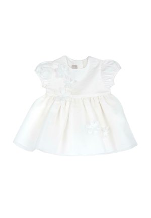 Vestido blanco con mangas cortas abullonadas, escote redondo y detalles en tela floral, cuenta con una falda plisada y un tejido de textura lisa.