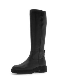Botte en cuir noir hauteur genou avec un bout rond, semelle épaisse, couture minimale et une languette à l'arrière pour un enfilage facile.