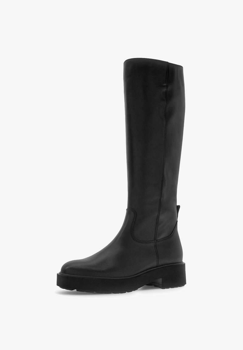 Tall black leather boots with a smooth finish, rounded toe, thick platform sole, and side pull tab for easy wear.