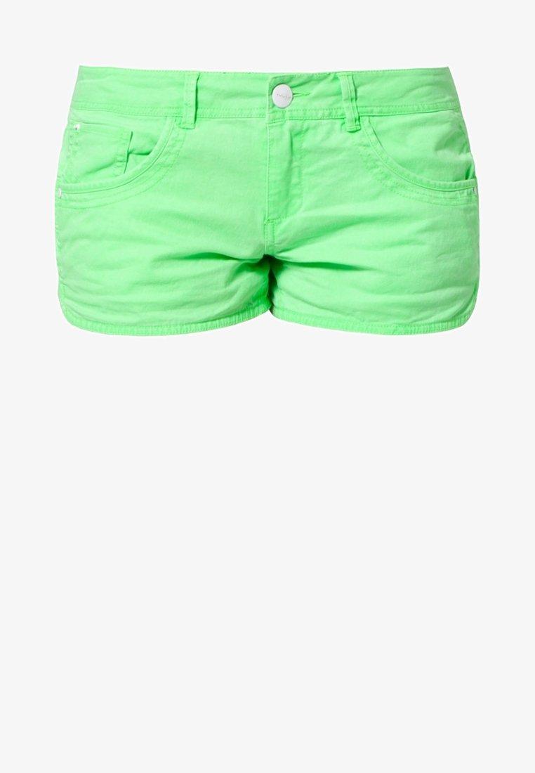 Short en denim vert néon avec bouton sur le devant, passants pour ceinture et trois poches devant, présenté sur fond blanc.
