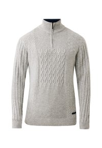 Grauer Strickpullover mit einem halben Reißverschluss, der über Kabel- und gerippte Texturen verfügt, sowie einem einfarbigen marineblauen Kragen, der ein strukturiertes und schichtartiges Aussehen vermittelt.