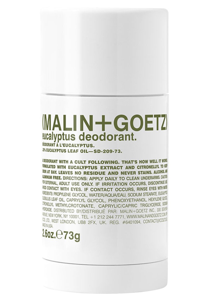 Eukalyptus-Deodorant in einer weißen zylindrischen Tube mit einem grünen Etikett, das Text enthält. Größe 2,6 oz / 73 g am unteren Ende angegeben.