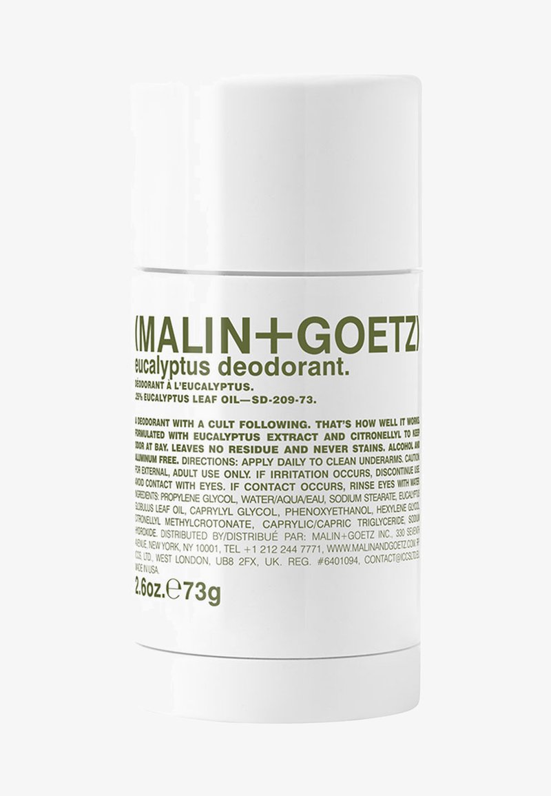 Eukalyptus-Deodorant in einer weißen zylindrischen Tube mit einem grünen Etikett, das Text enthält. Größe 2,6 oz / 73 g am unteren Ende angegeben.