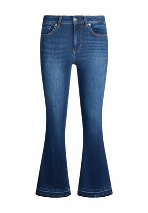 Temno modri flare jeans iz denima z petimi žepe, zapiranjem na gumb in zadrgo ter kontrastnim šivanjem ob šivih. Gladka tekstura.