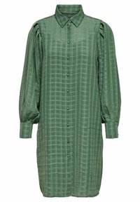 Vihreä napitettava mekko, joka on valmistettu kudotusta kankaasta ja siinä on ruutukuvio, poimutetut olkapäät ja pitkät puffihihat.