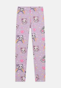 Leggings in pastel purple with playful cat graphics, rainbows, hearts, and sparkles, made from soft, stretchy fabric.
