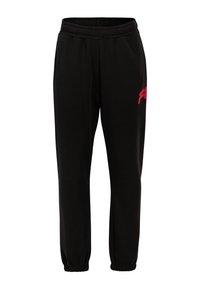 Zwarte joggingbroek met een elastieke tailleband, taps toelopende boorden en een prominent roze logo op het linker bovenbeen. Gemaakt van zachte stof.