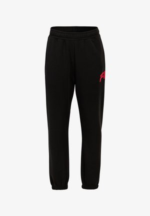 Sorte sweatpants med elastisk talje, tætsiddende manchetter og et markant pink logo på venstre lår. Lavet af blødt stof.