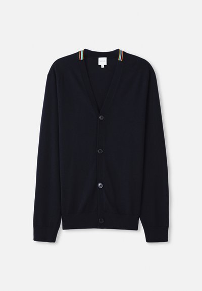 Marineblå cardigan med v-hals, fem-knap lukning, ribbede manchetter og en flerfarvet stribet kant på kraven. Blødt strikket stof.