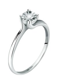 Solitärring mit einem runden, klaren Diamanten, der in einer sechszackigen Fassung aus Weißgold gehalten ist. Der Ring hat einen glatten, polierten Band und dezente Gravuren im Inneren.