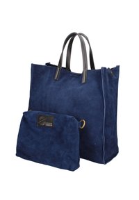 Marineblauwe suède schoudertas met zwarte leren handvatten, voorzien van een afneembare bijpassende etui. Gladde textuur en eenvoudig, rechthoekig ontwerp.