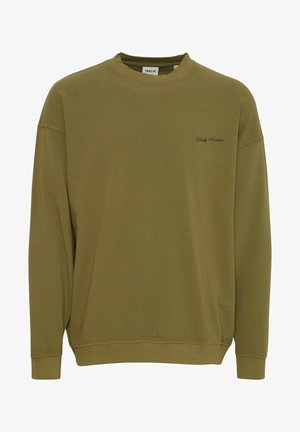 Olíva zöld pulóver kerek nyakkivágással, bordázott mandzsettákkal és szegéllyel. A mellkasán "Napi rutin" felirat hímzett. Puha anyag.