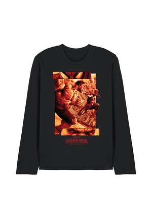 Black long-sleeve shirt with orange graphic of Hulk and Spider-Man in action, cityscape background, and Spider-Man eyes at top and bottom.