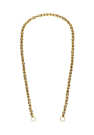 Gouden ketting met ovale schakels, een gladde textuur en twee kleine ringclips aan beide uiteinden. Elegante en minimalistische vormgeving.