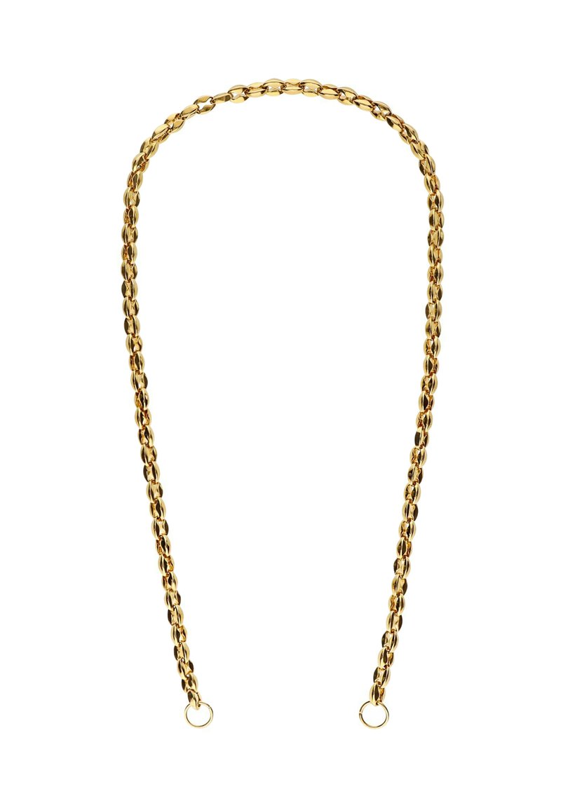 Collier en maillon doré avec des maillons ovales, texture lisse et deux petits fermoirs en anneau à chaque extrémité. Design élégant et minimaliste.